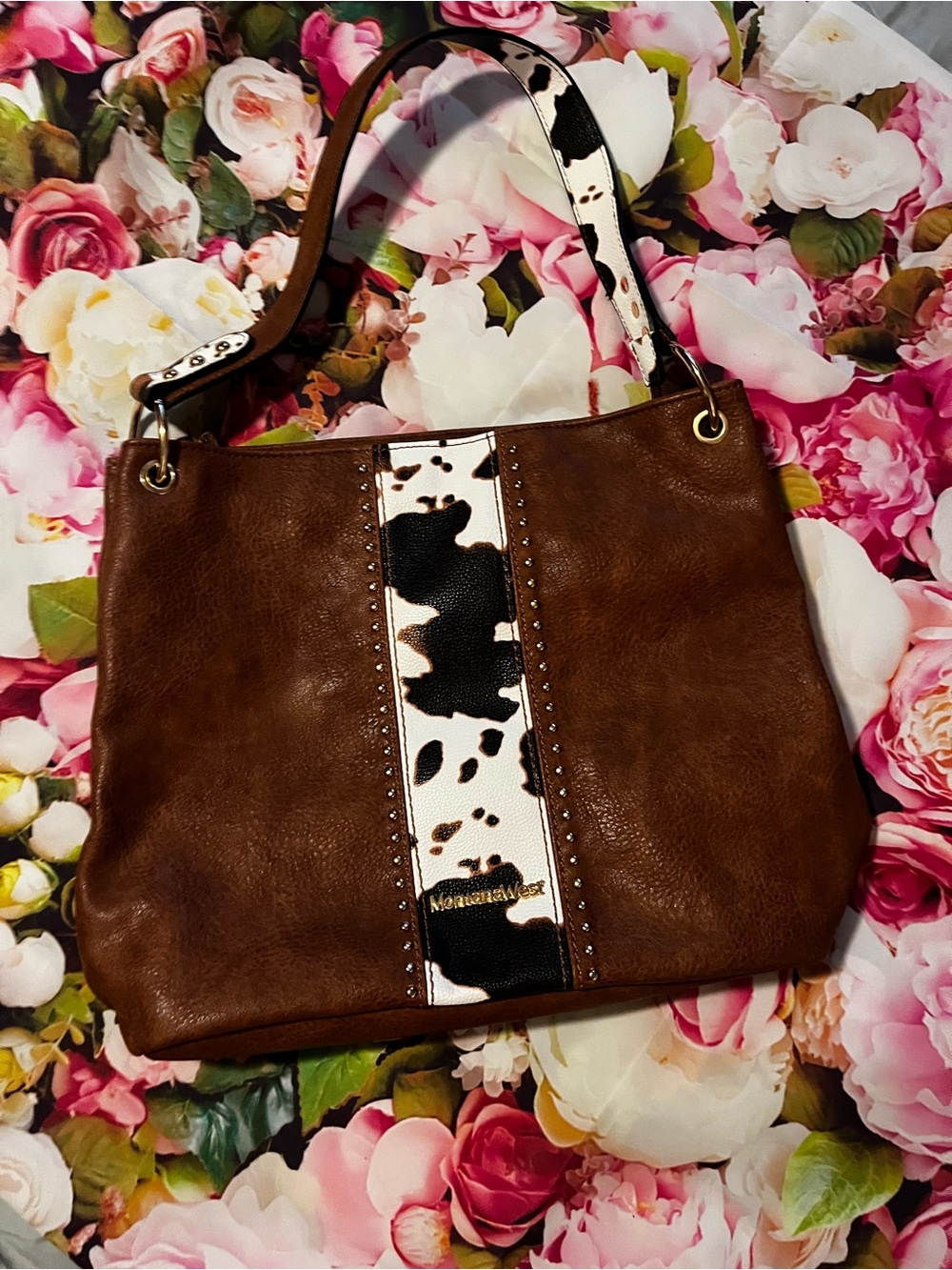 Montana West Brown with Black & White Cowhide Accent Shoulder Bag